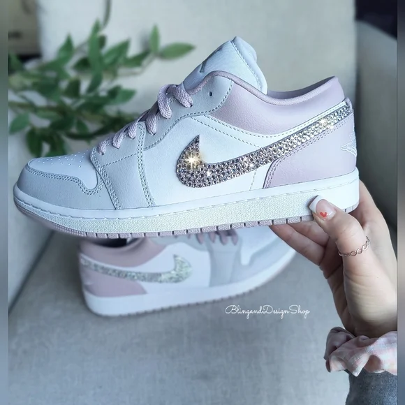Women's Air Jordan 1 Low Customized Bling Sneakers Shoes Particle Rose Pink - Picture 2 of 9